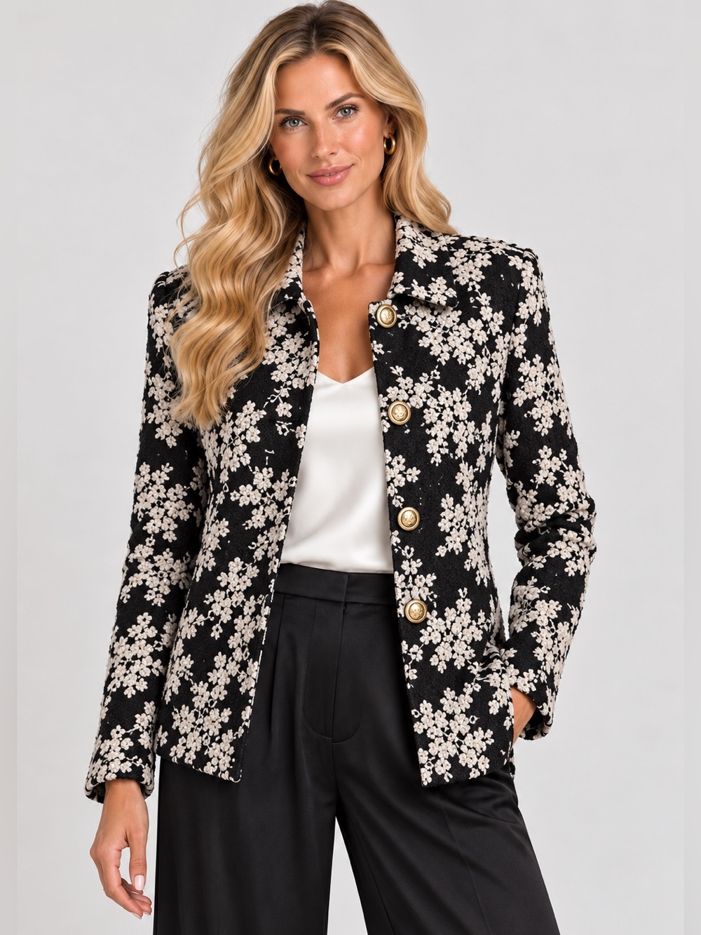 Vintage St. John Knit Jacket Black Ivory Boucle Gold Crest Buttons Size 16